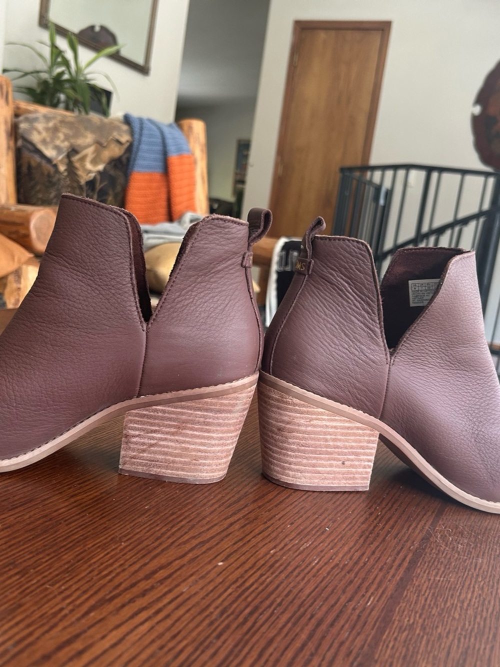 Toms Brown Leather Ankle Booties with Stacked Heel